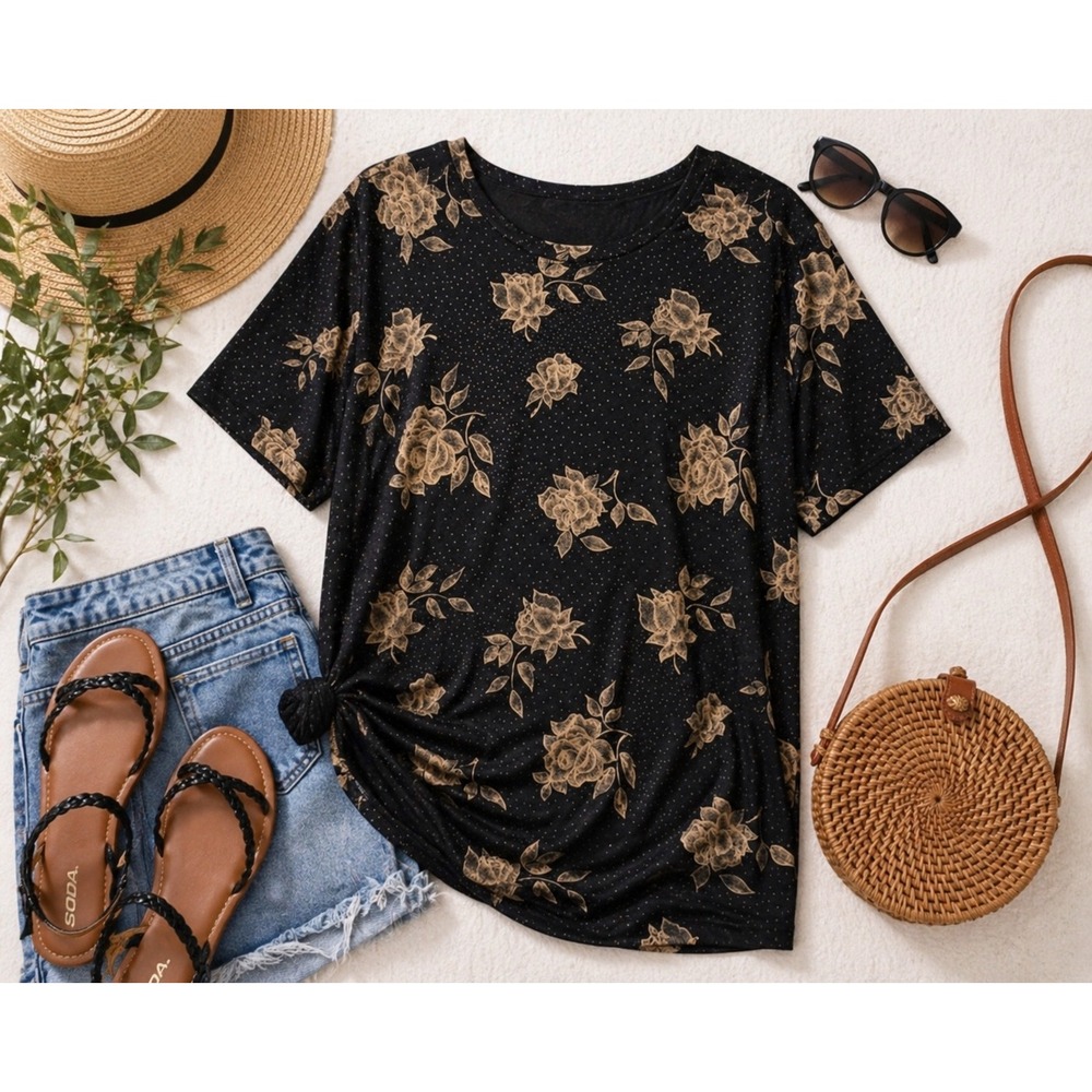 Moda Bazaar One Size Black Floral Stretch Top Short Sleeve
